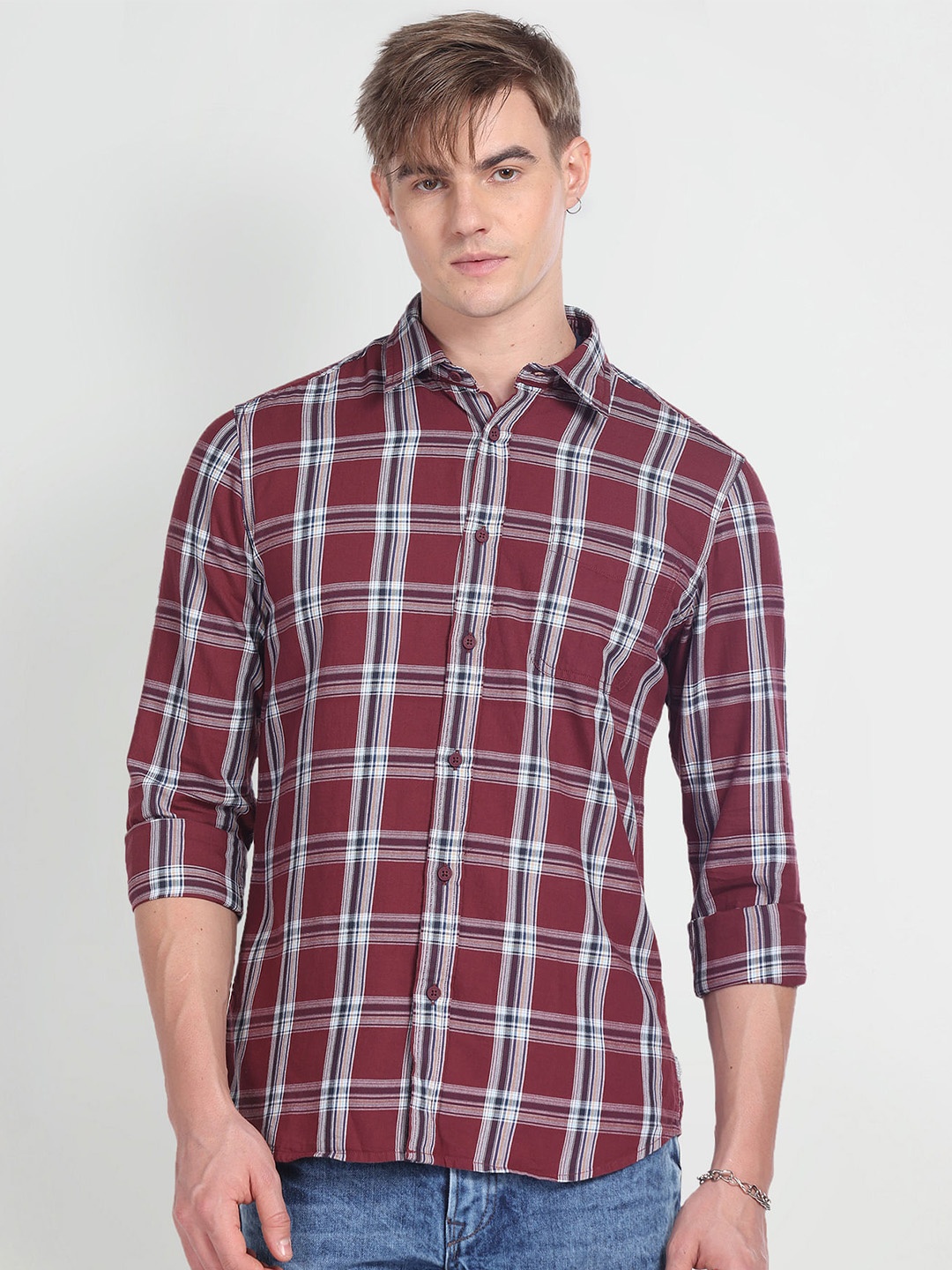 

Flying Machine Men Red Slim Fit Tartan Checks Opaque Checked Casual Shirt