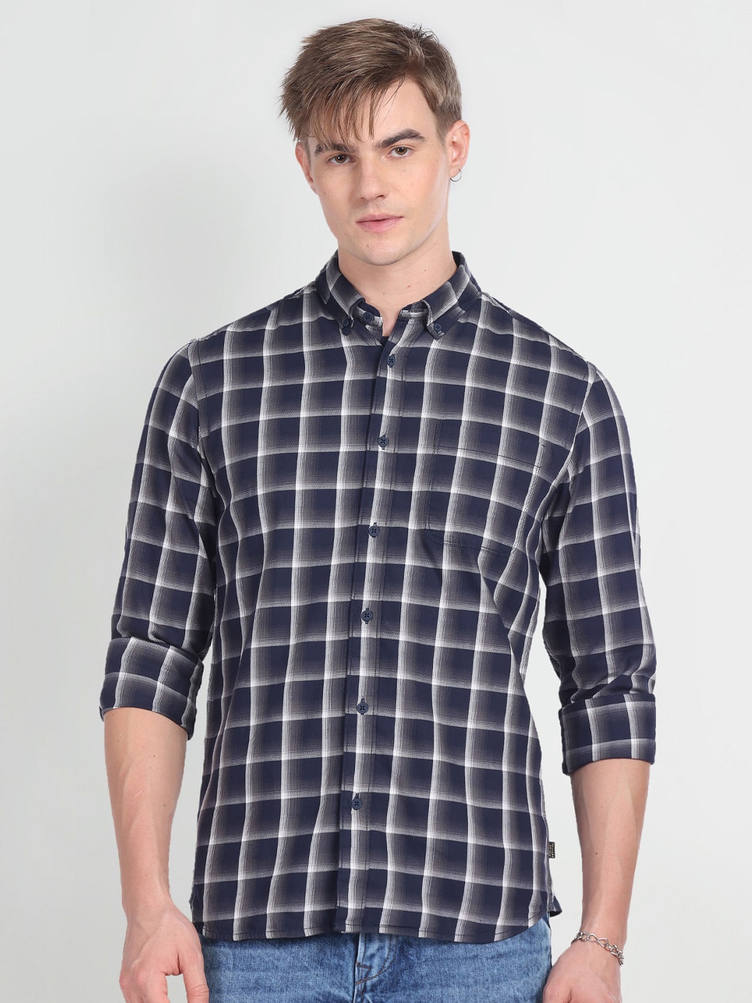 

Flying Machine Men Blue Slim Fit Opaque Checked Casual Shirt