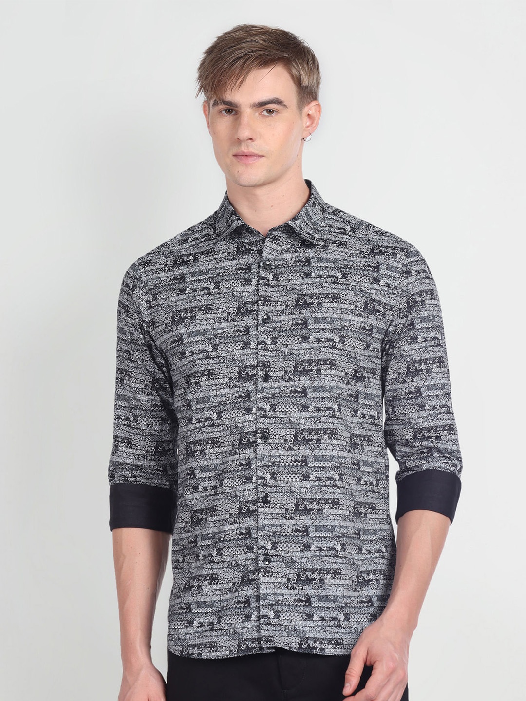 

Flying Machine Men Black Slim Fit Opaque Printed Casual Shirt