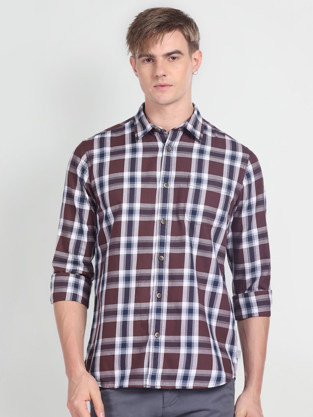 

Flying Machine Men Brown Slim Fit Opaque Checked Casual Shirt