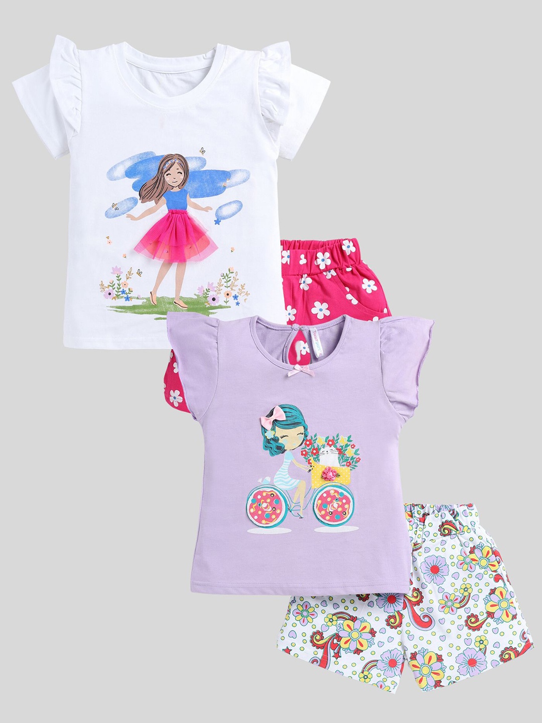 

Toonyport Pack Of 2 Girls Printed Pure Cotton Top with Shorts, White