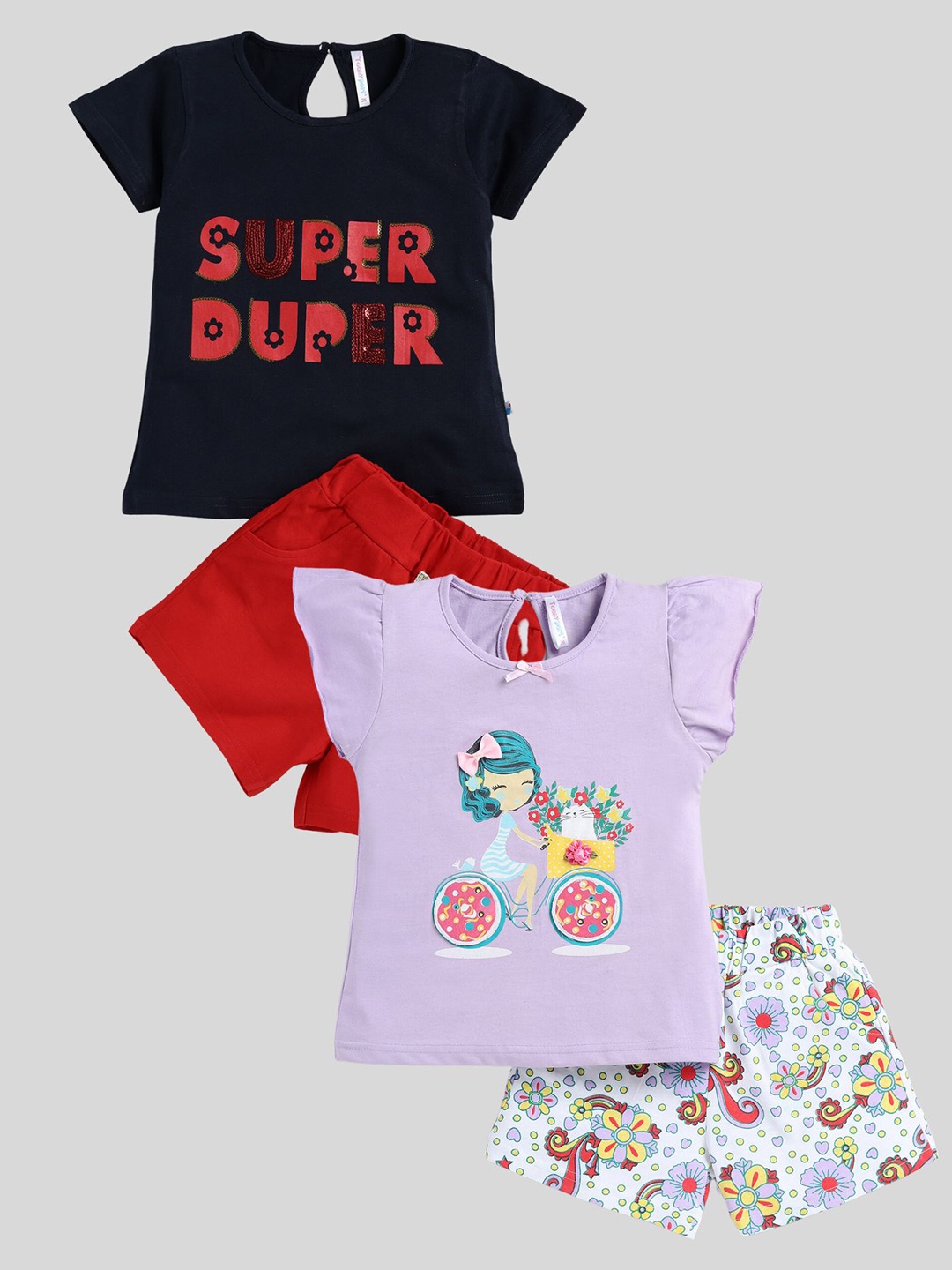

Toonyport Pack Of 2 Girls Printed Pure Cotton Top with Shorts, Lavender