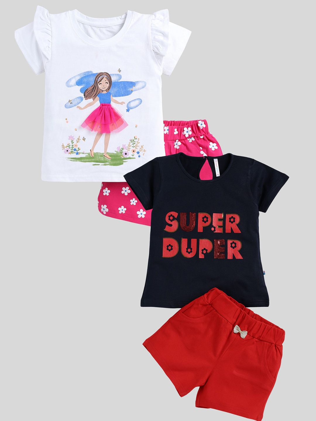 

Toonyport Girls Pack Of 2 Printed Pure Cotton Top with Shorts, White