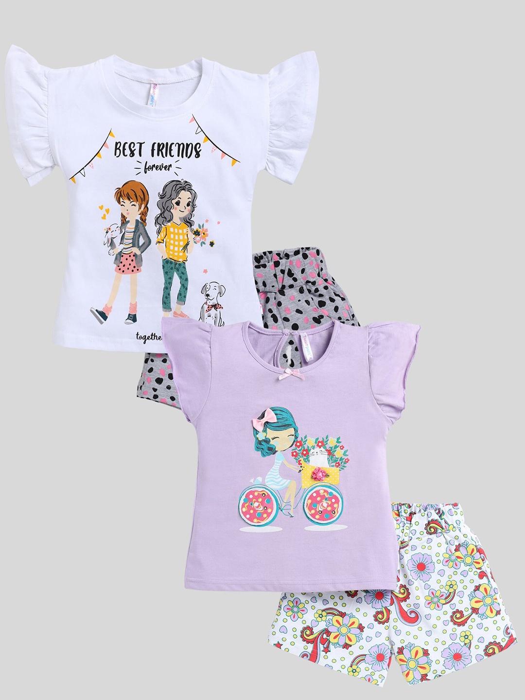 

Toonyport Girls Pack Of 2 Printed Pure Cotton Top with Shorts, White
