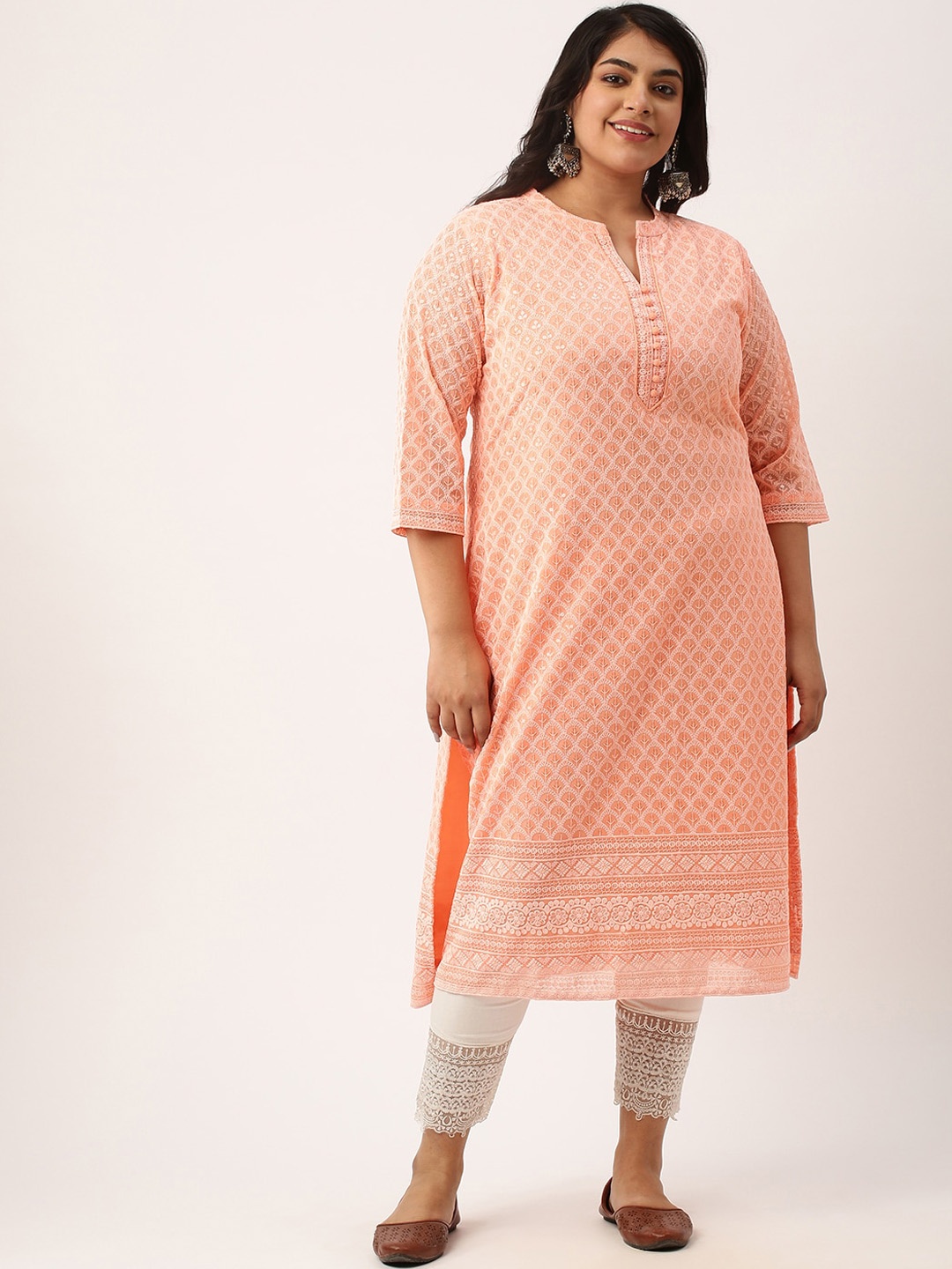 

Zola Plus Ethnic Motifs Chikankari Embroidered Straight Kurta, Peach
