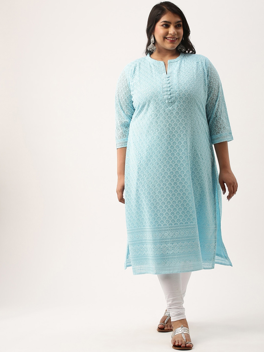 

Zola Plus Ethnic Motifs Chikankari Embroidered Straight Kurta, Blue