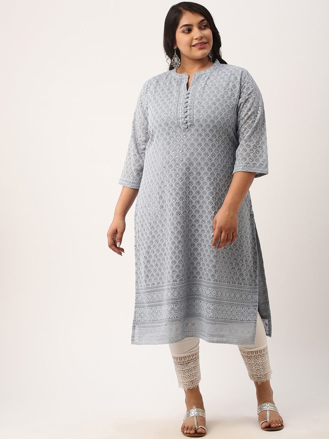 

Zola Plus Ethnic Motifs Chikankari Embroidered Straight Kurta, Grey
