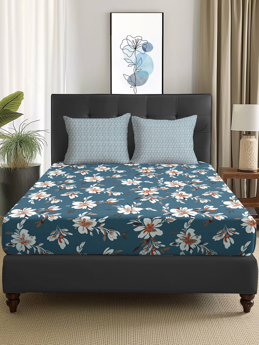 

Story@home Teal Blue & Grey Floral 180 TC Queen Bedsheet With 2 Pillow Covers