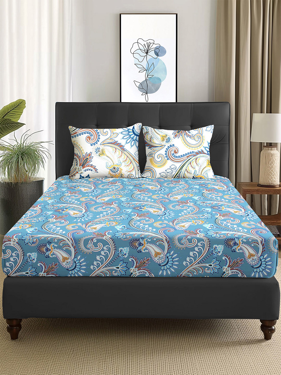 

Story@home Blue & Cream-Coloured Ethnic Motifs 180 TC Queen Bedsheet With 2 Pillow Covers