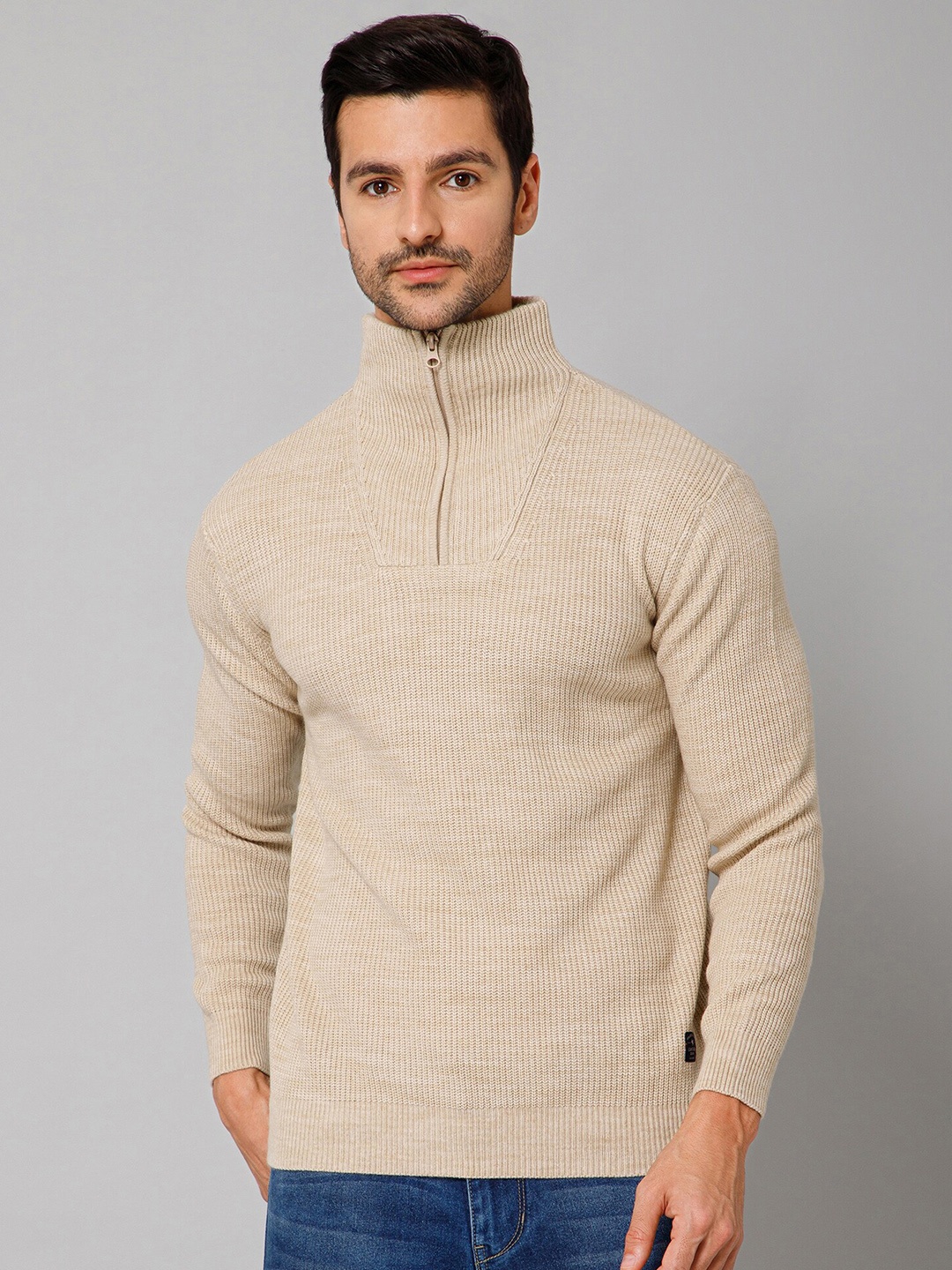 

Cantabil Ribbed Turtle Neck Long Sleeves Zip Detail Acrylic Sweater, Beige