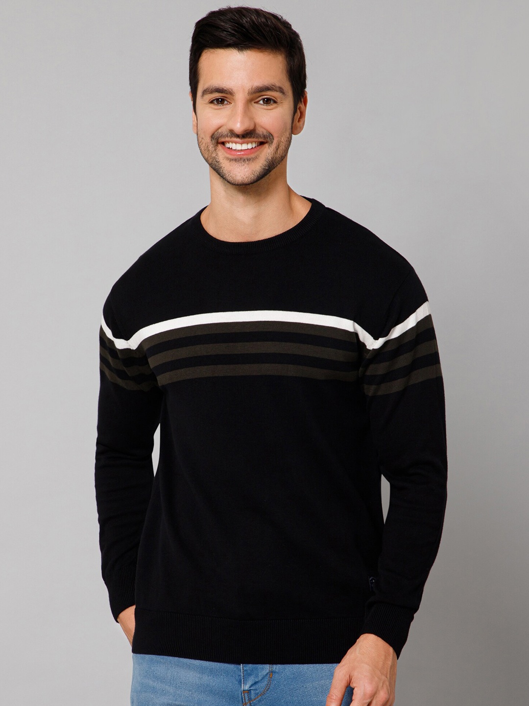

Cantabil Striped Printed Round Neck Long Sleeve Cotton Sweaters, Black