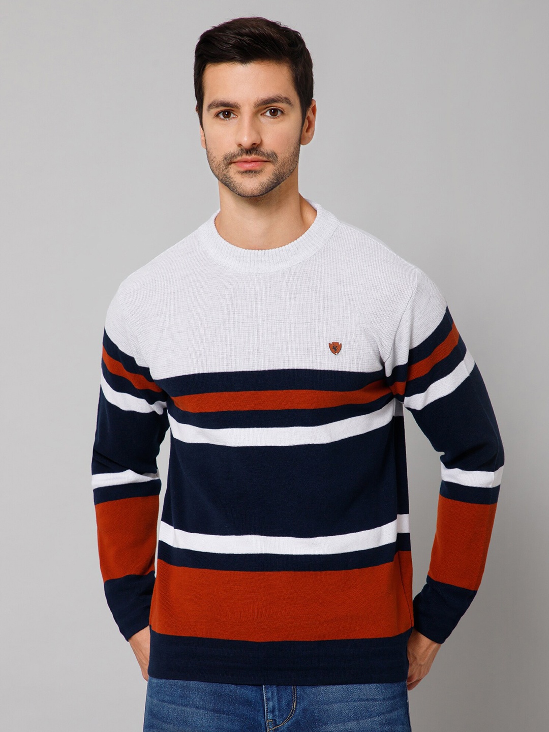 

Cantabil Round Neck Colourblocked Sweater, White