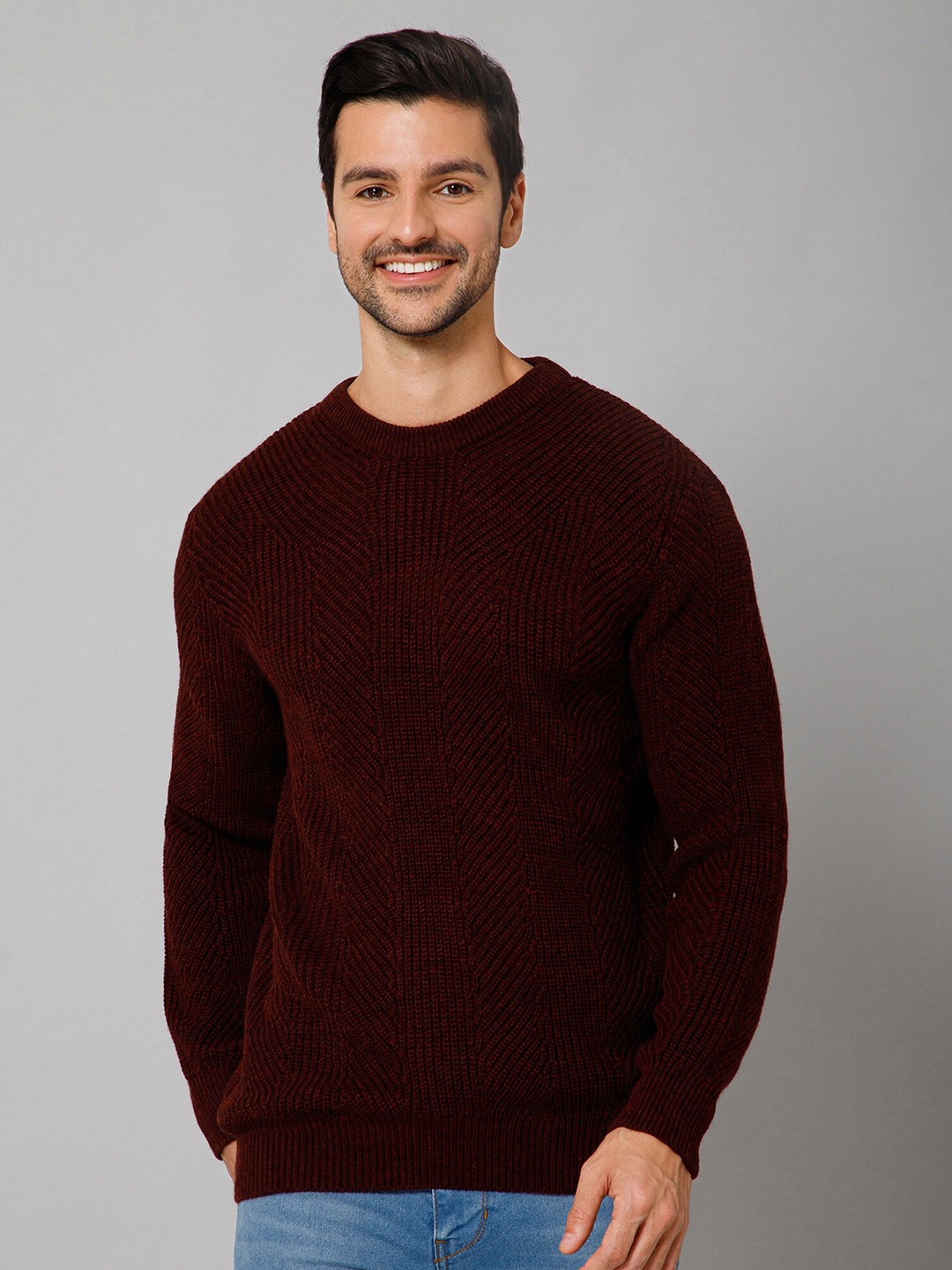 

Cantabil Self Design Round Neck Acrylic Sweater, Maroon