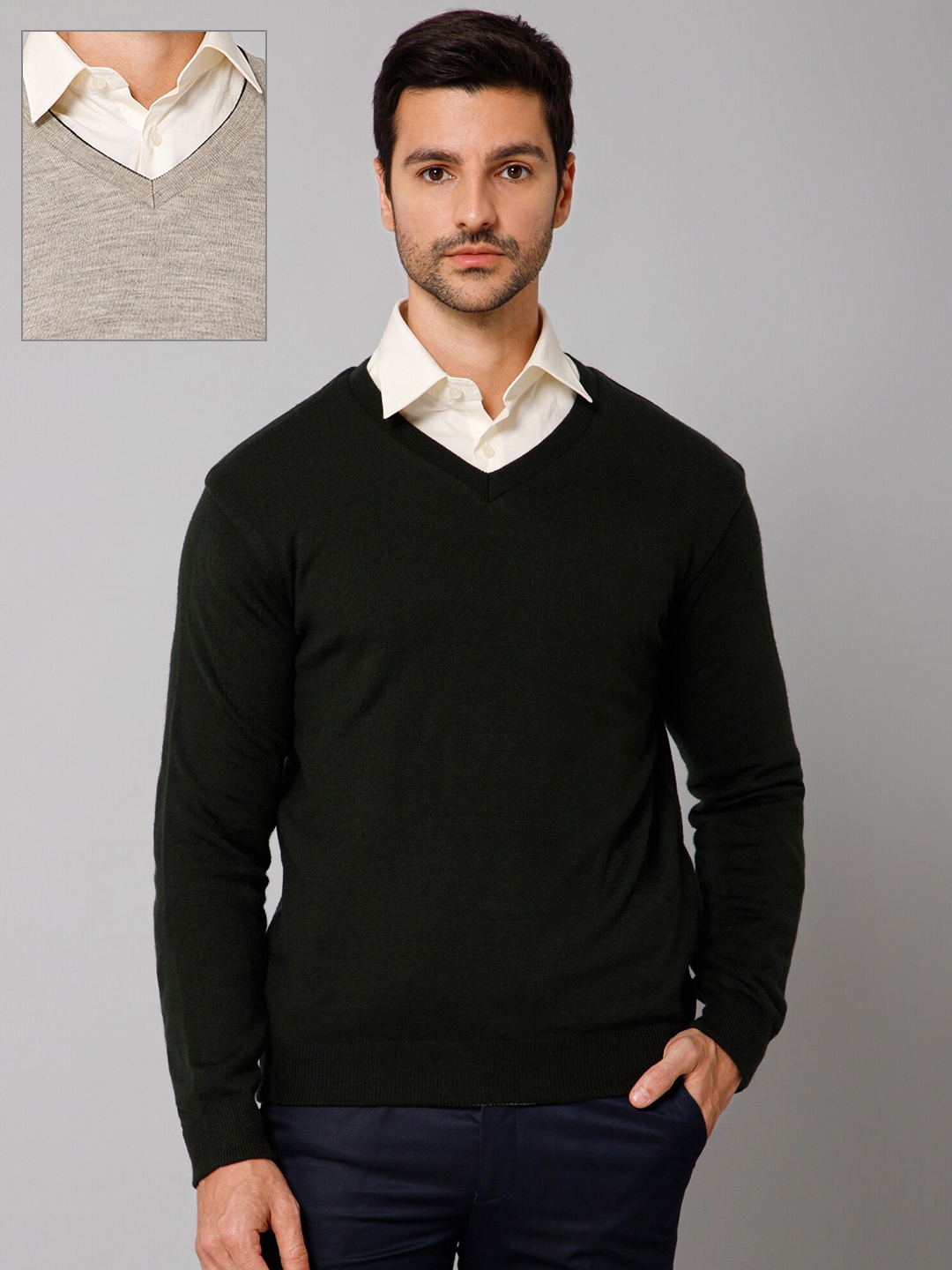 

Cantabil V-Neck Acrylic Reversible Sweater, Olive