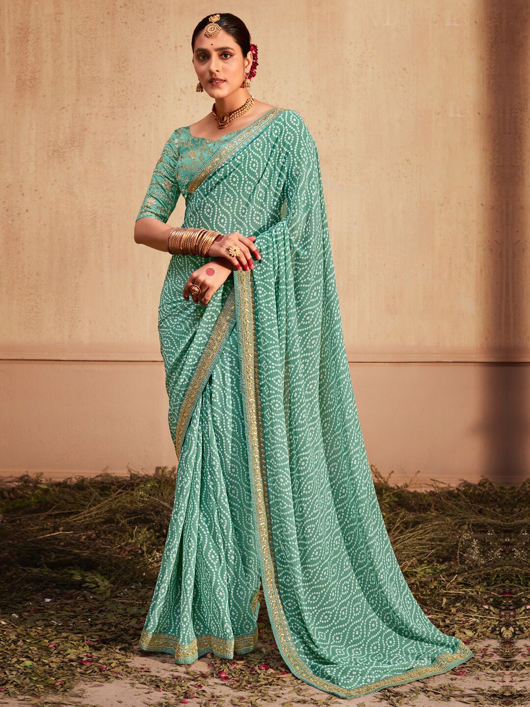 

Anouk Bandhani Printed Sequinned Pure Georgette Leheriya Saree, Sea green