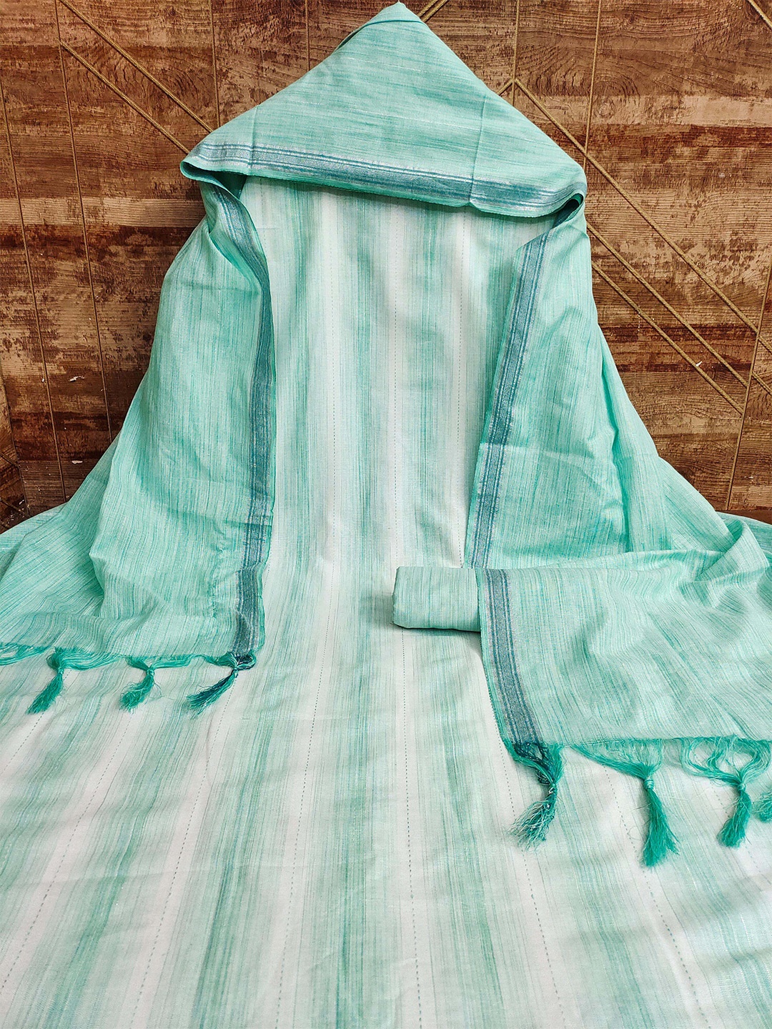 

MANVAA Striped Embellished Jacquard Unstitched Dress Material, Green