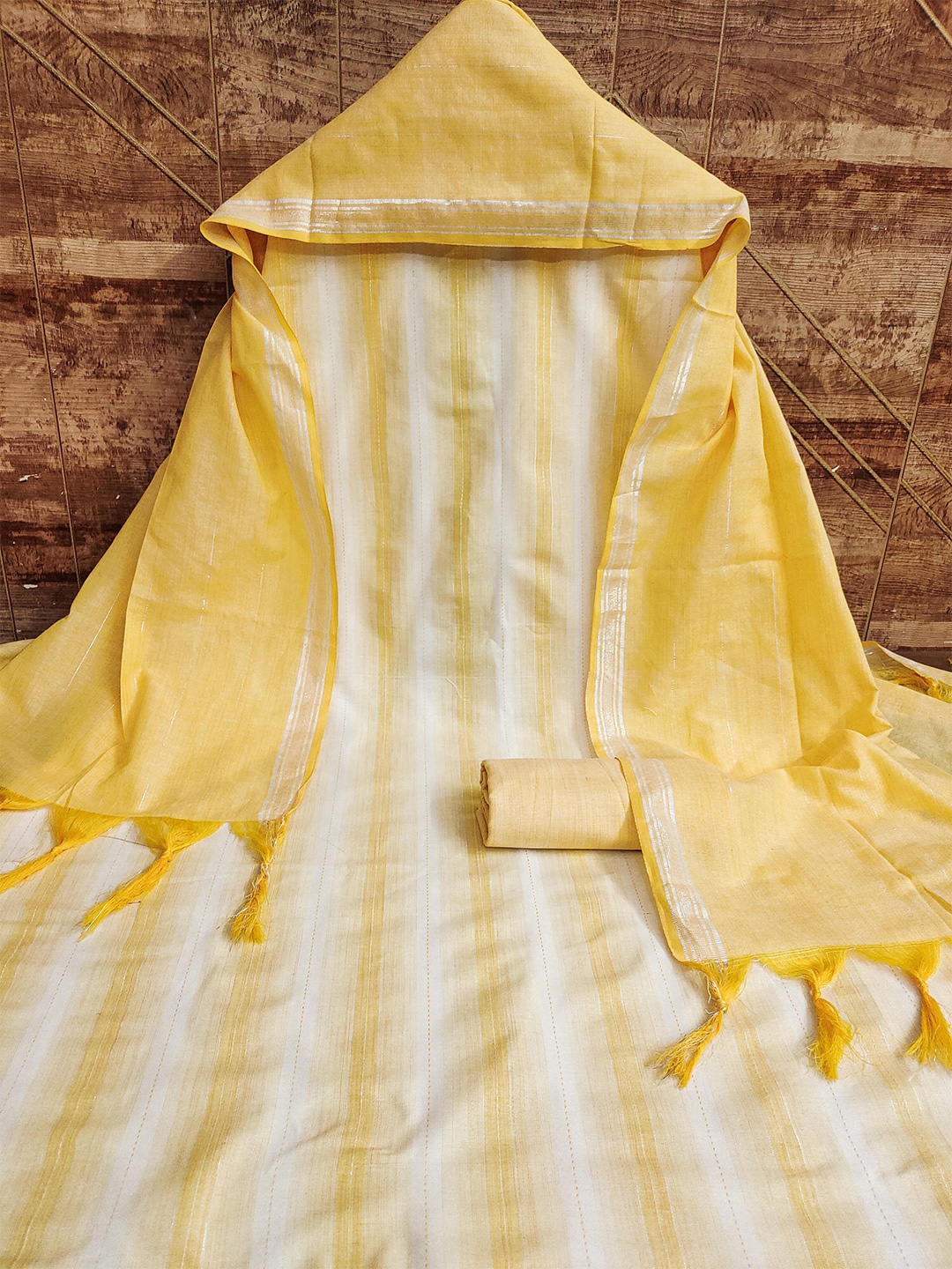 

MANVAA Striped Cotton Jacquard Unstitched Dress Material, Mustard