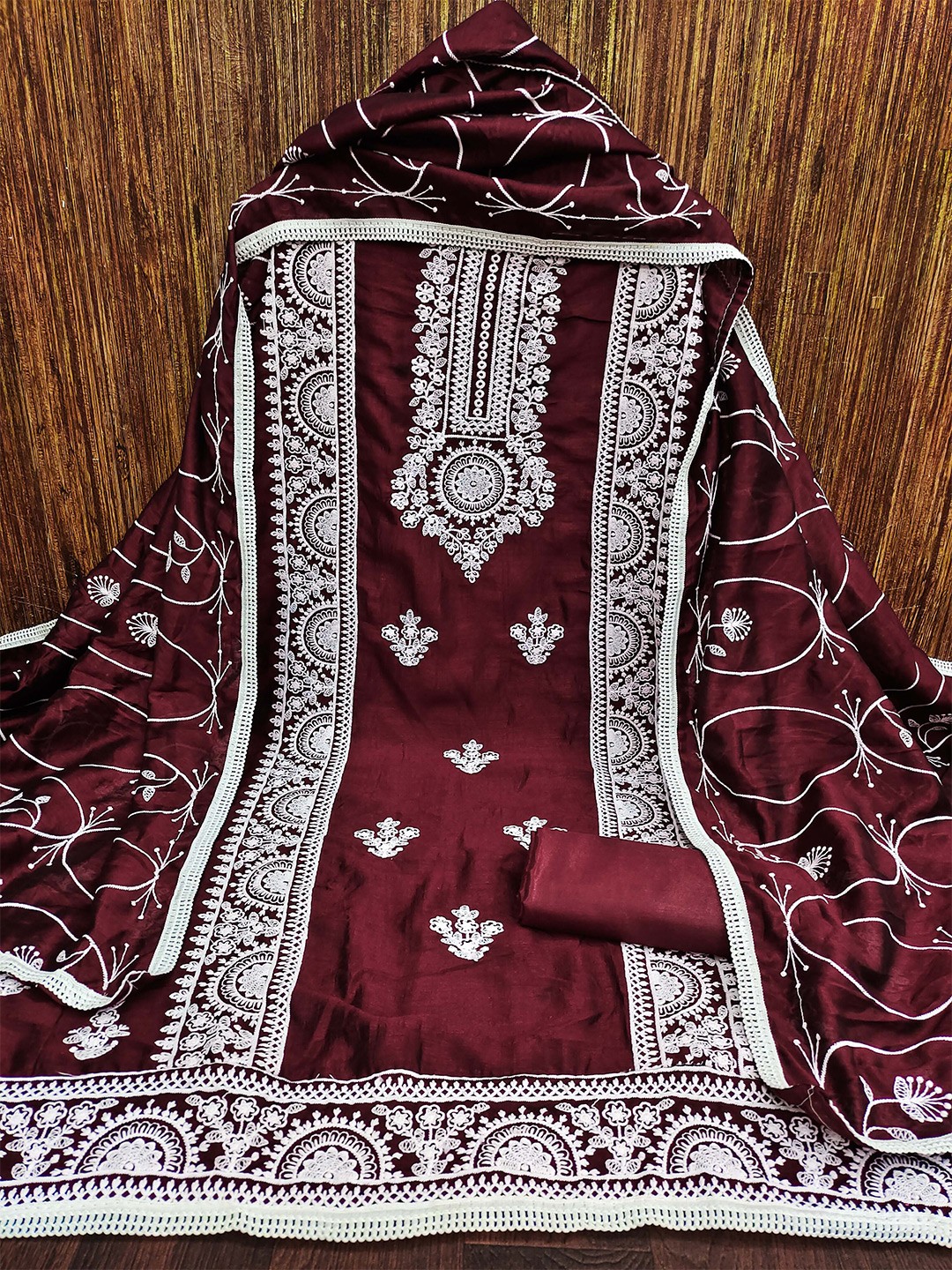 

MANVAA Ethnic Motifs Embroidered Pure Silk Dress Material, Magenta