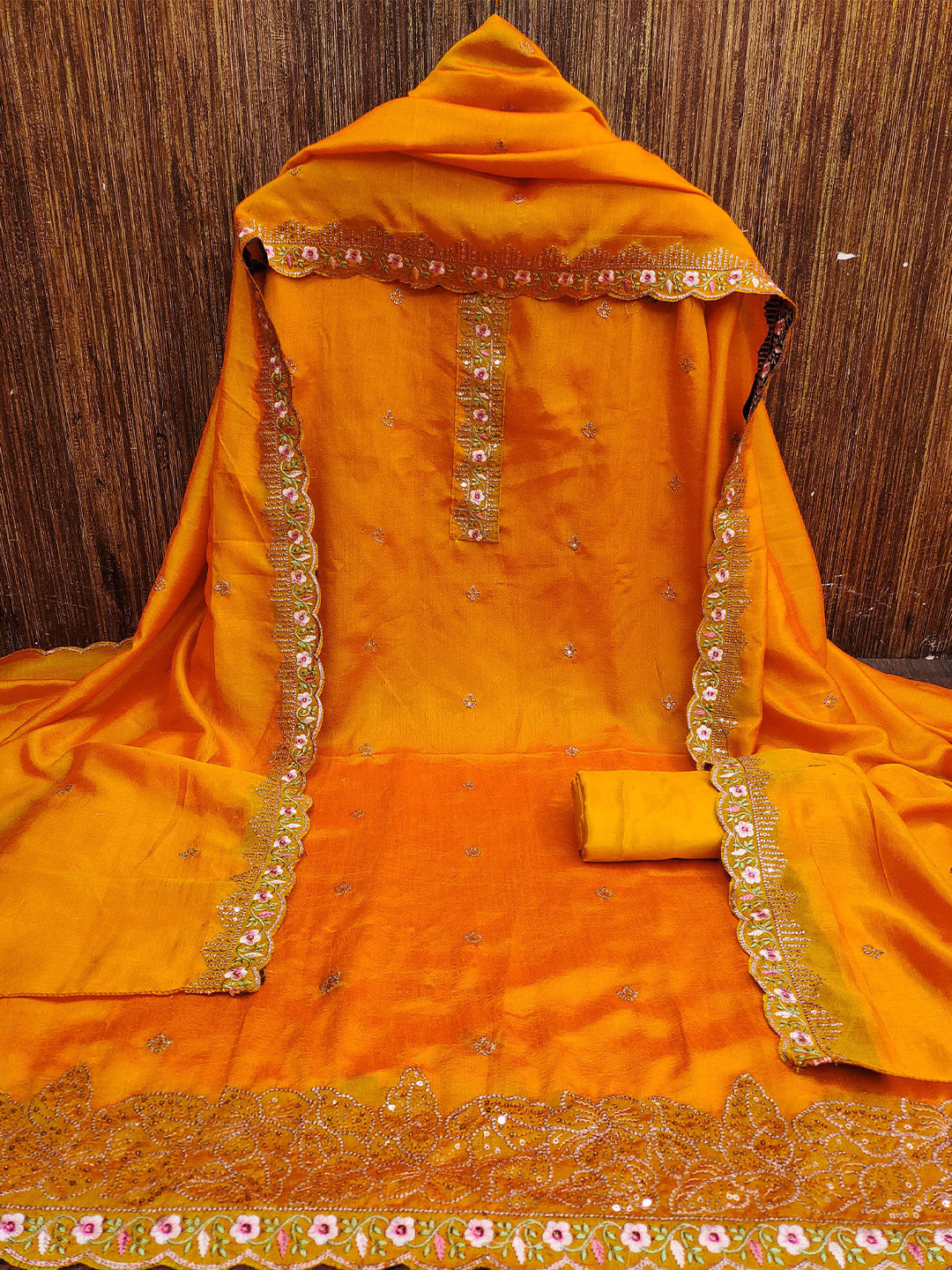 

MANVAA Floral Embroidered Dress Material, Yellow