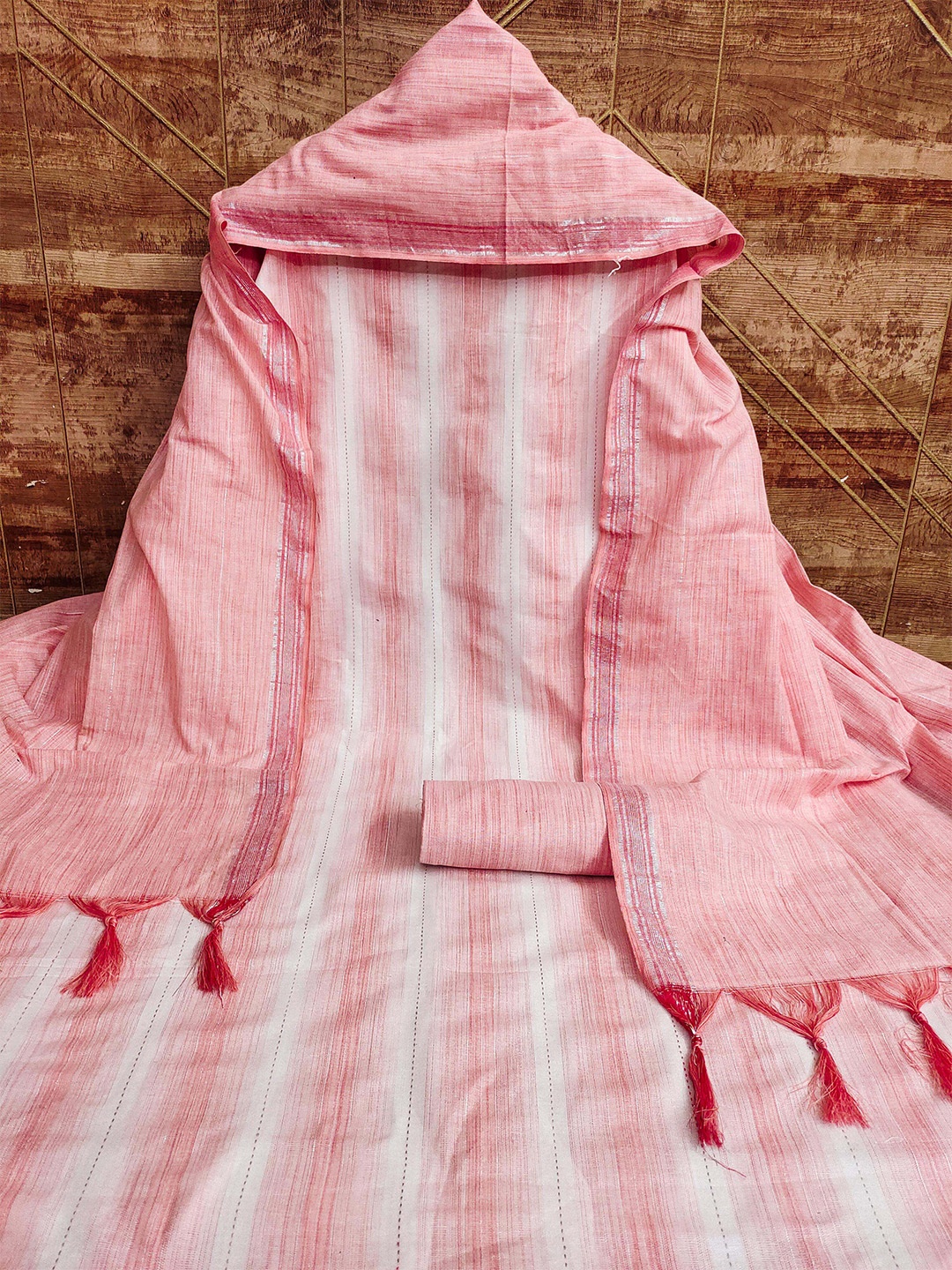 

MANVAA Striped Woven Design Dress Material, Pink