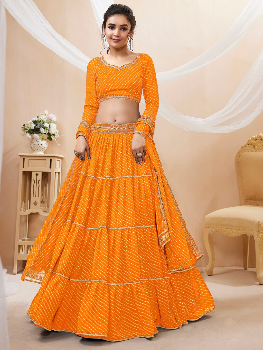 

FABPIXEL Striped Gotta Patti Lehenga Choli With Dupatta, Yellow