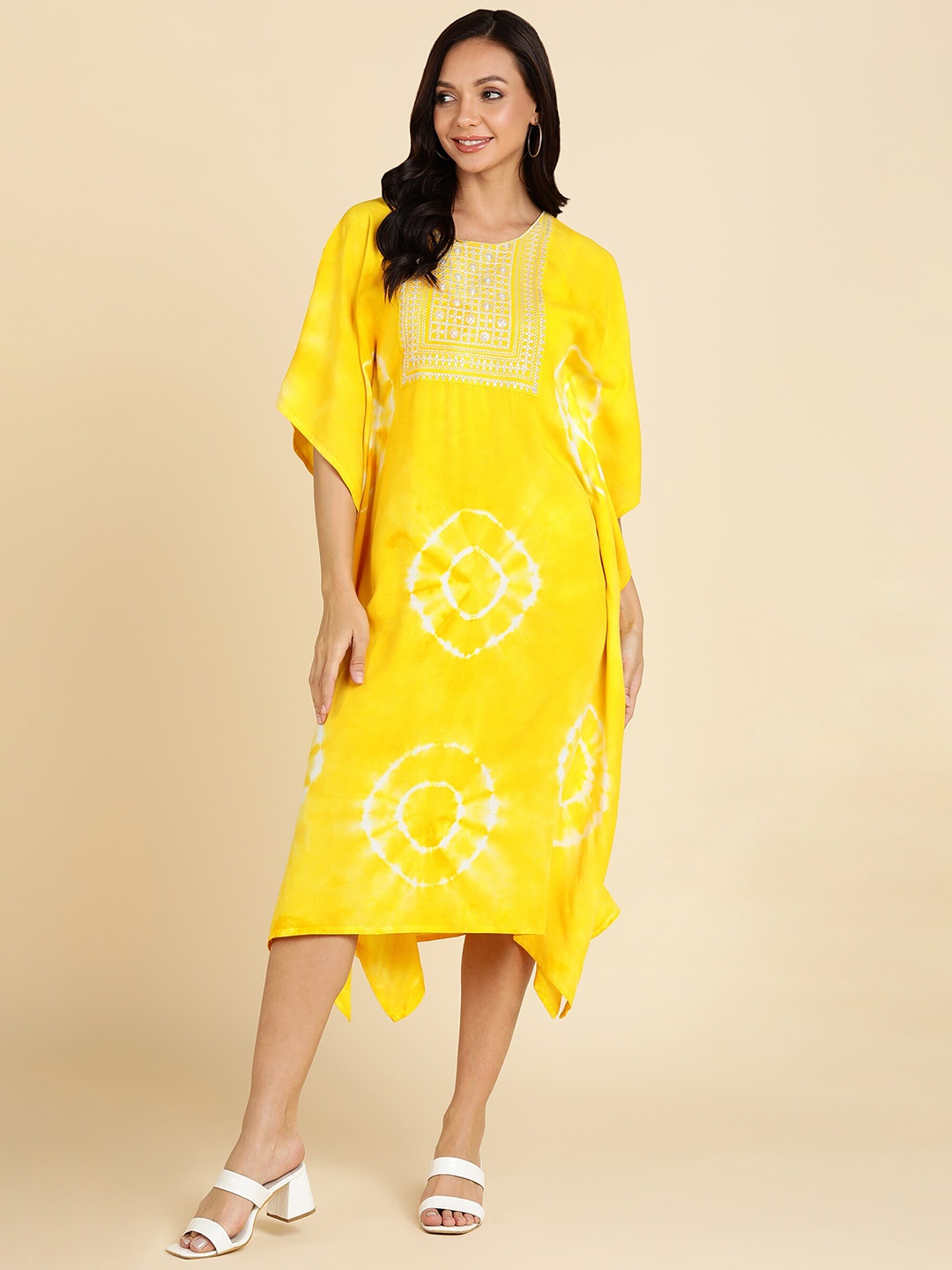 

Maaesa Yellow Ethnic Motifs Print Kaftan Midi Dress