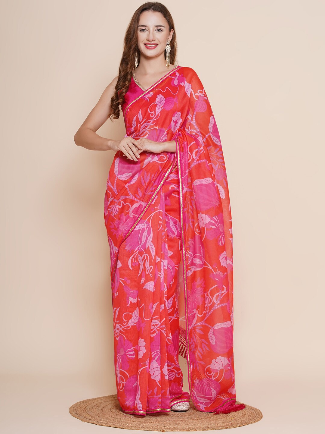 

Bhama Couture Floral Printed Chanderi Saree, Pink