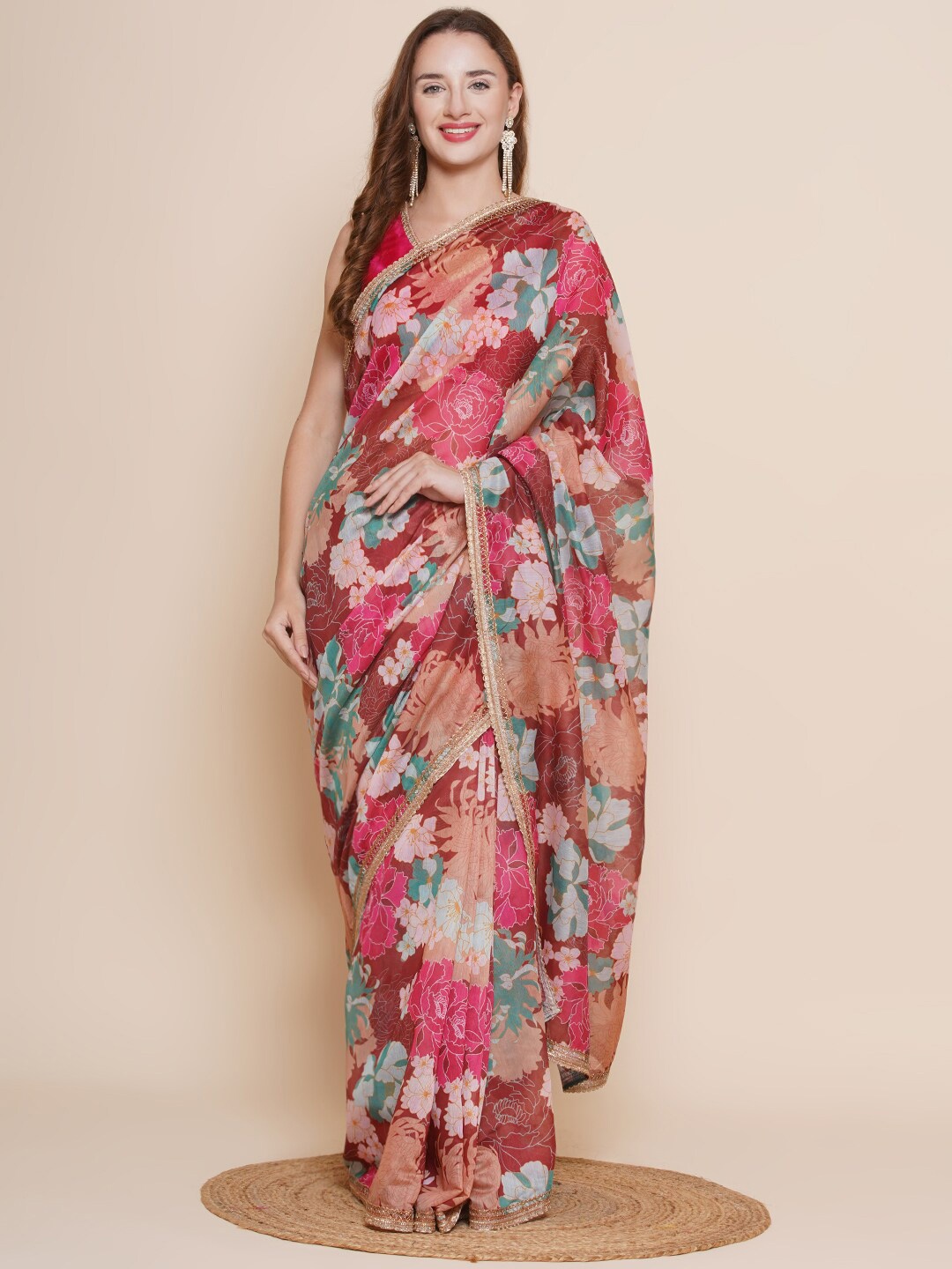 Bhama Couture Floral Printed Chanderi Saree, Maroon