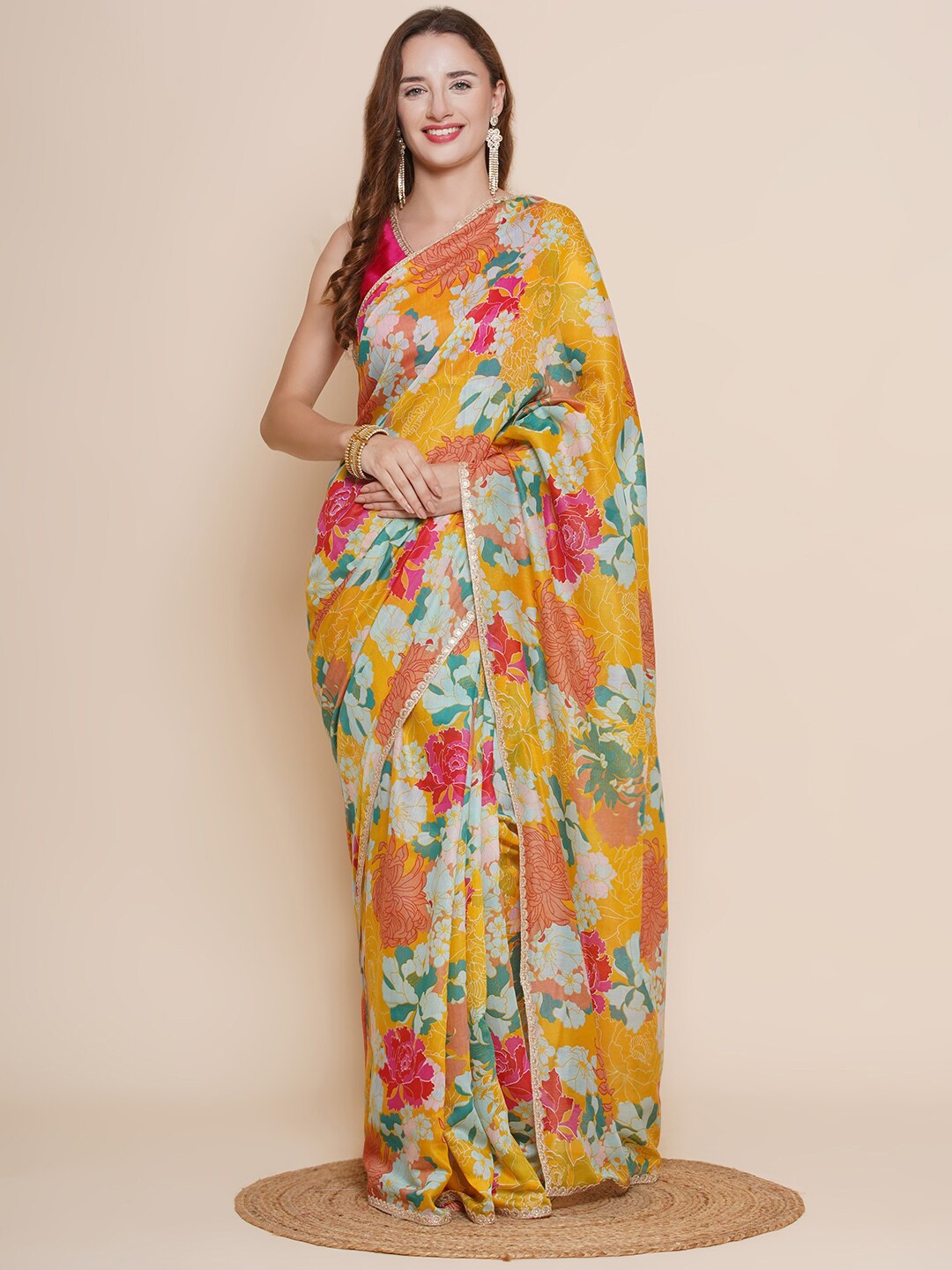 

Bhama Couture Floral Printed Chanderi Saree, Yellow