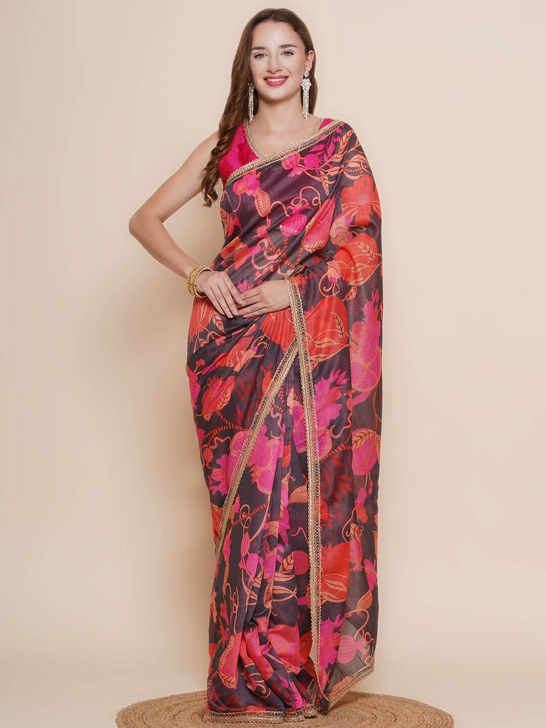 

Bhama Couture Floral Printed Chanderi Saree, Black