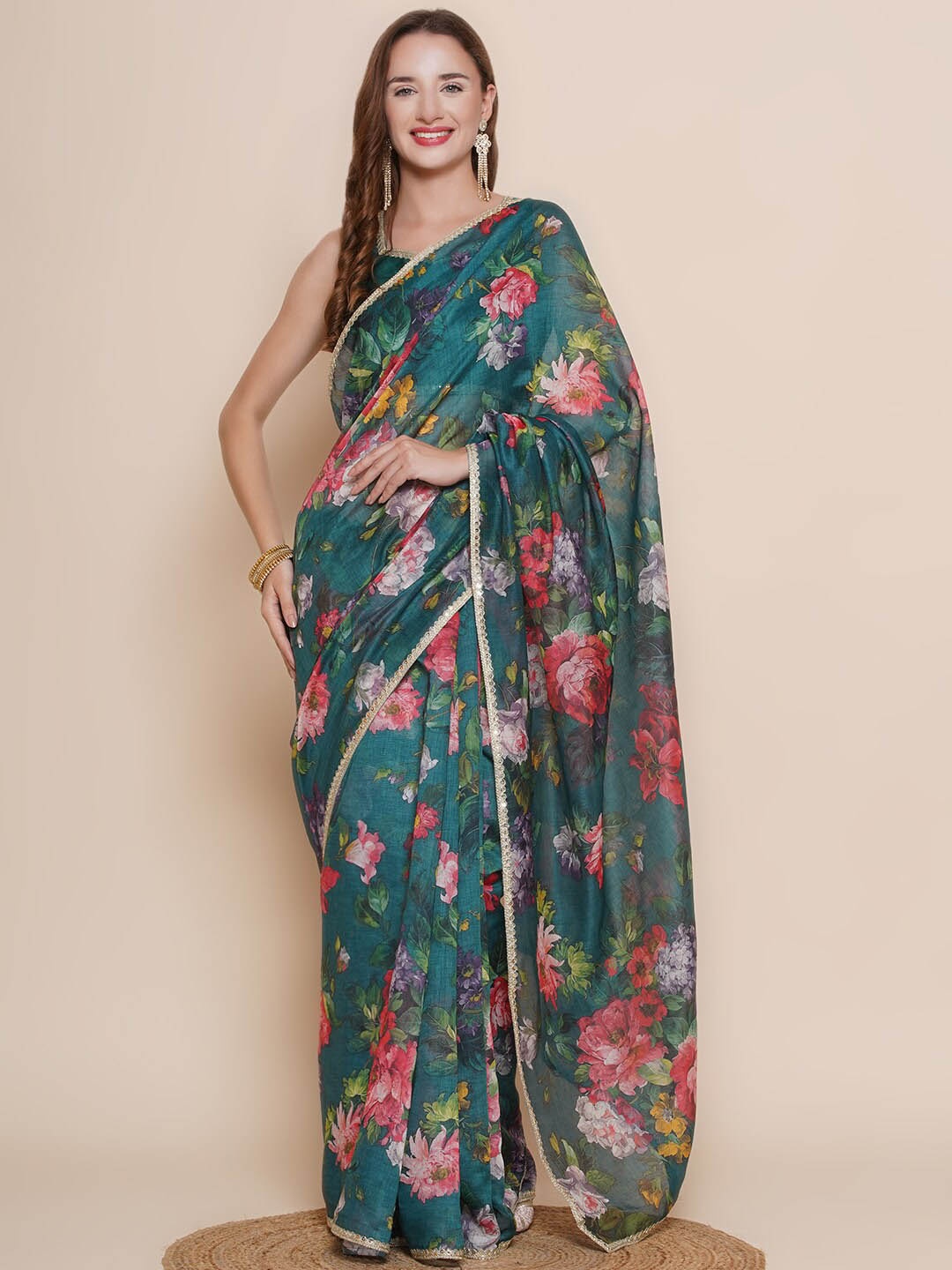

Bhama Couture Floral Printed Chanderi Saree, Green
