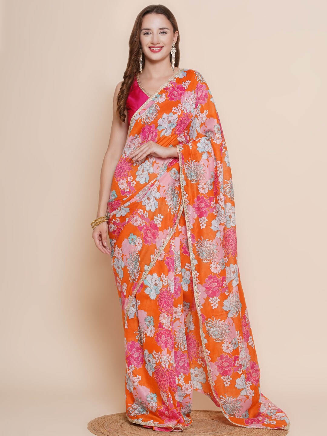 

Bhama Couture Floral Printed Chanderi Saree, Orange