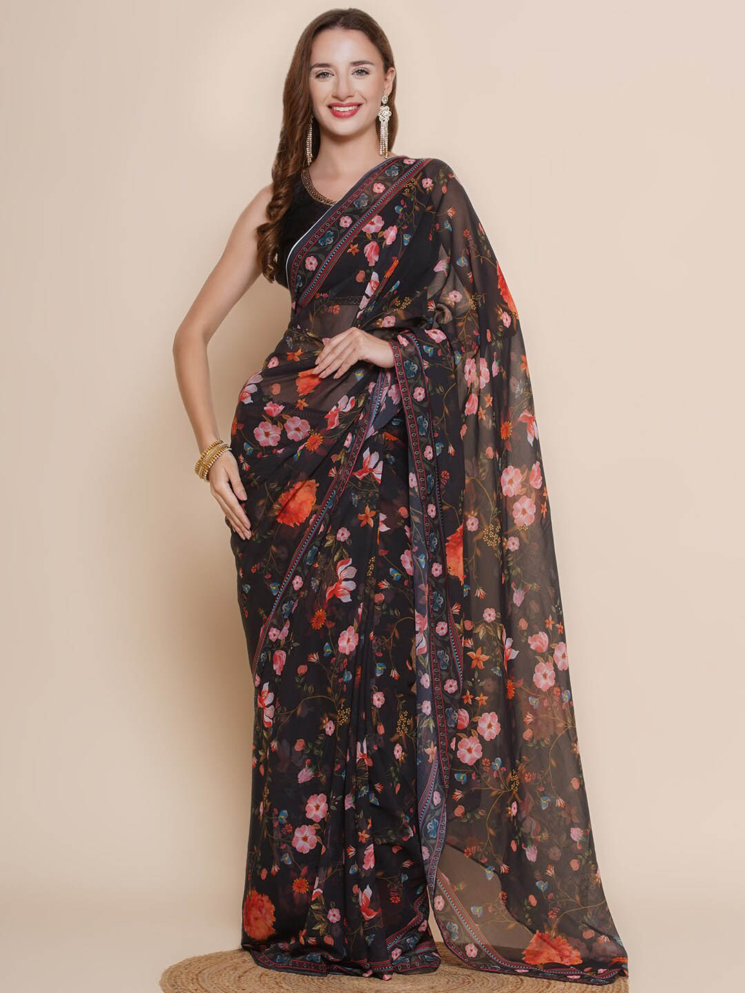 

Bhama Couture Floral Printed Pure Georgette Block Print Saree, Black