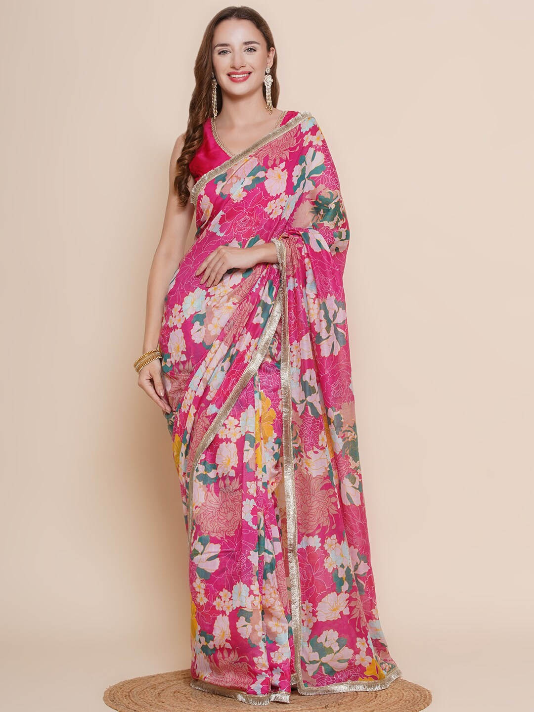 

Bhama Couture Floral Printed Chanderi Saree, Pink