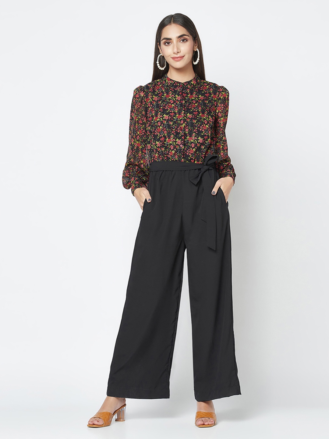 

SQew Floral Printed Waist Tie-Ups Jumpsuit, Black