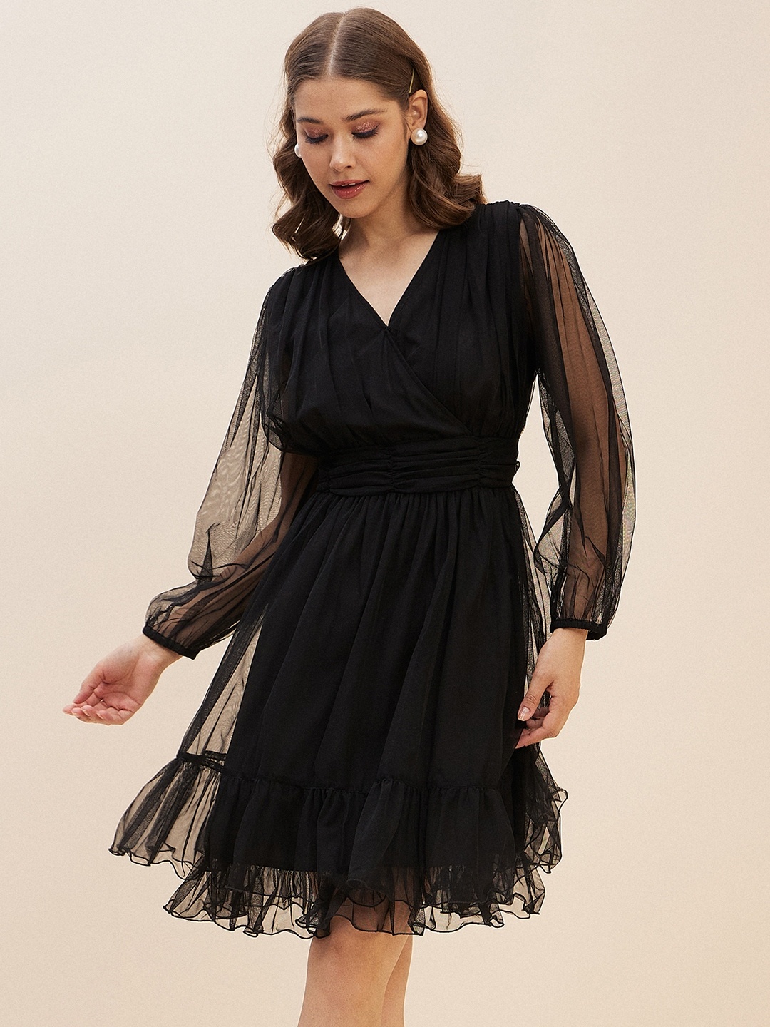 

Antheaa Black Puff Sleeve Net Fit & Flare Dress