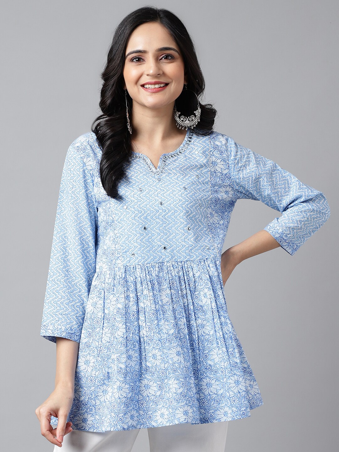 

Neemiya Floral Printed Mirror Work Pure Cotton Anarkali Kurti, Blue