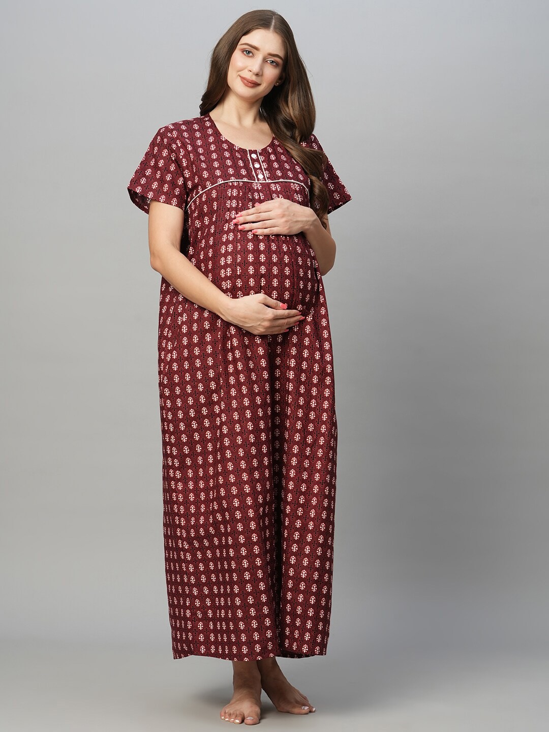

MomToBe Ethnic Motifs Printed Pure Cotton Maternity Maxi Nightdress, Maroon