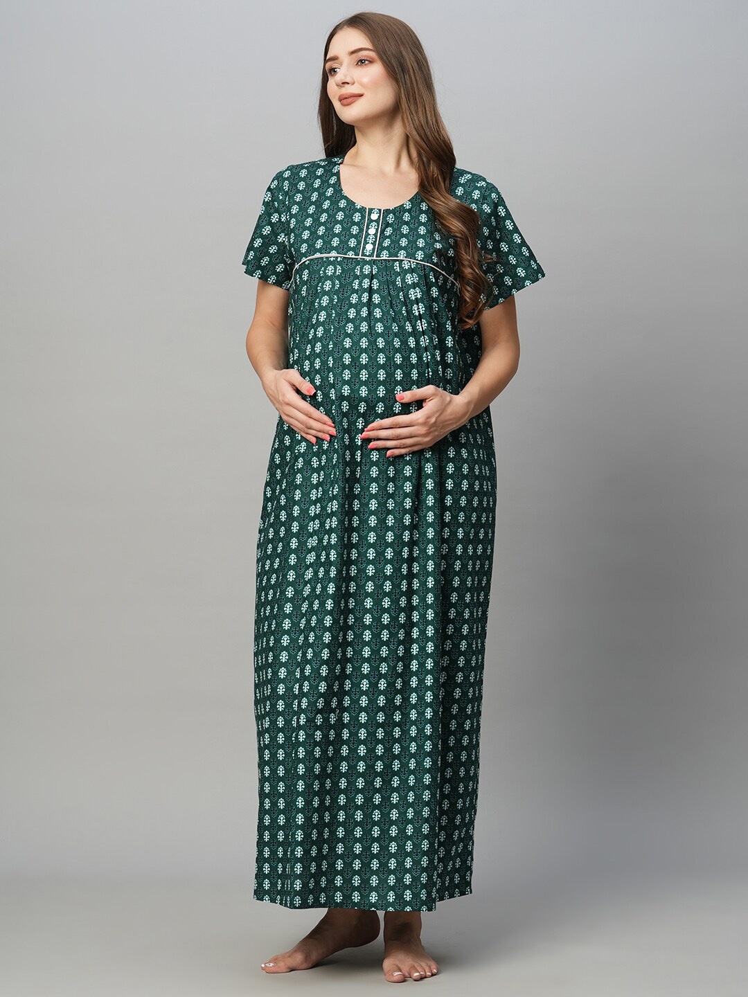 

MomToBe Ethnic Motifs Printed Pure Cotton Maternity Nightdress, Green