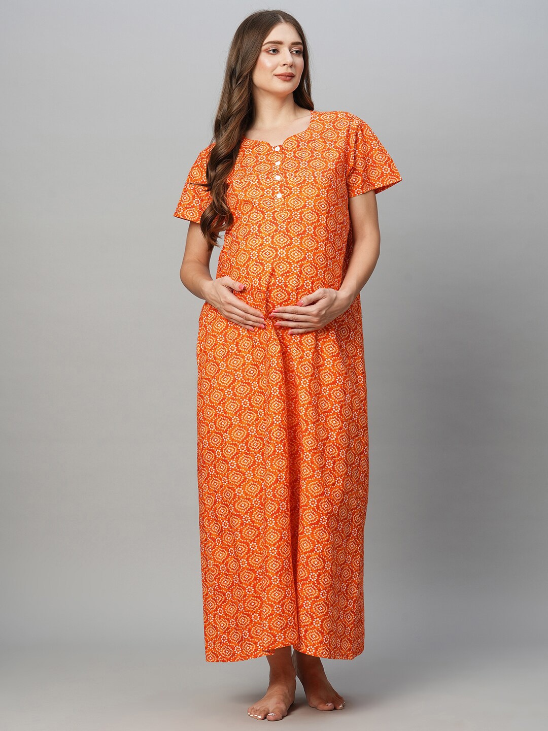 

MomToBe Ethnic Motifs Printed Pure Cotton Maternity Maxi Nightdress, Orange