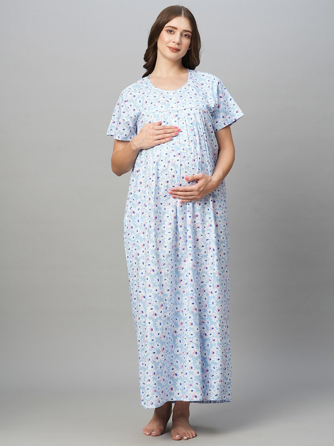 

MomToBe Floral Printed Pure Cotton Maternity Nightdress, Blue