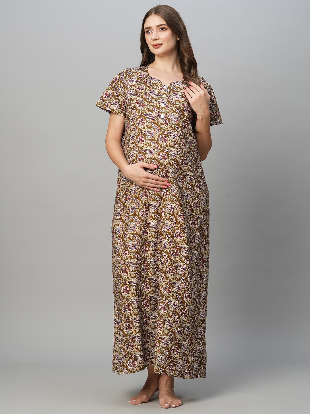 

MomToBe Floral Printed Pure Cotton Maternity Maxi Nightdress, Green