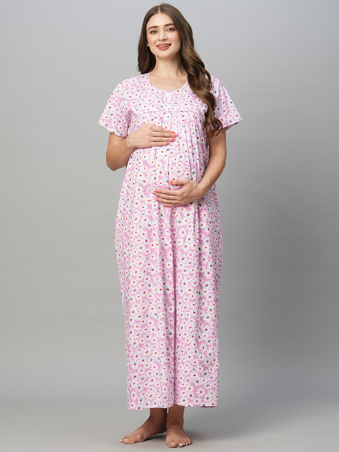 

MomToBe Floral Printed Pure Cotton Maternity Nightdress, Pink