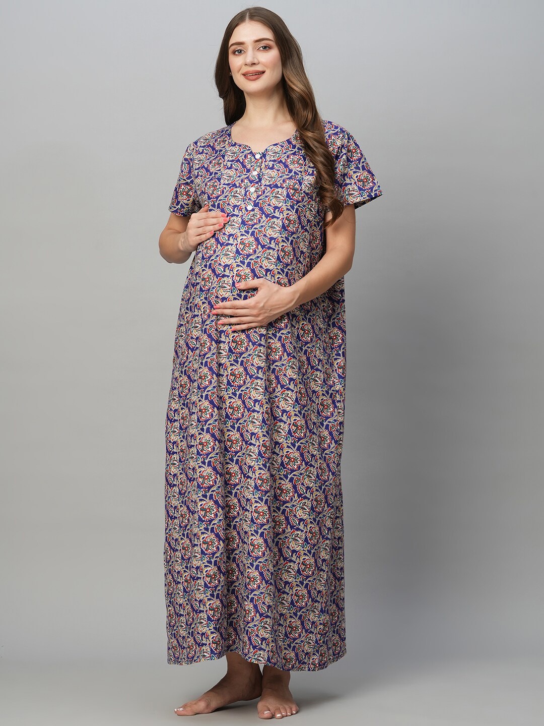 

MomToBe Floral Printed Pure Cotton Maternity Maxi Nightdress, Blue