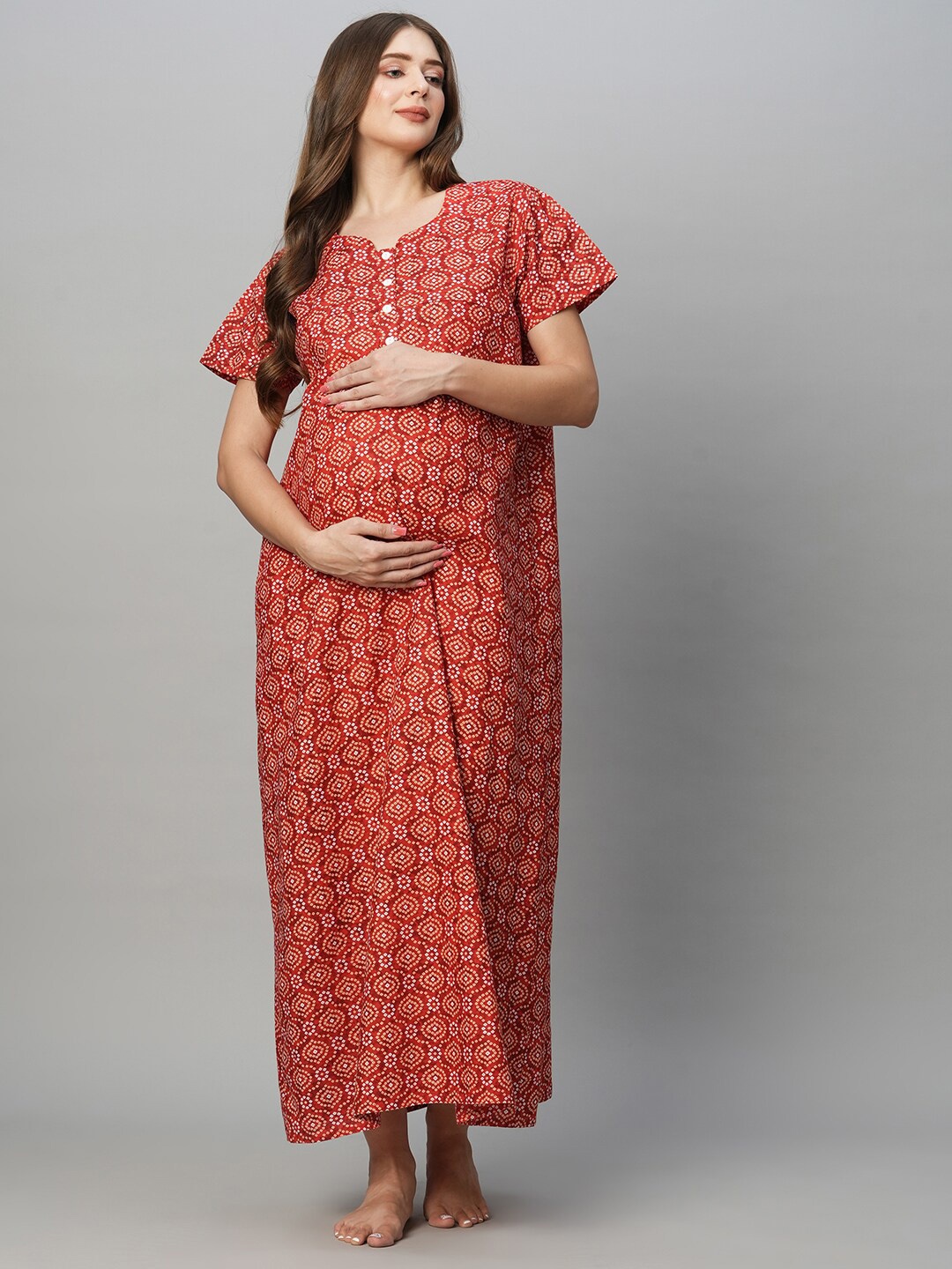 

MomToBe Ethnic Motifs Printed Pure Cotton Maternity Maxi Nightdress, Red
