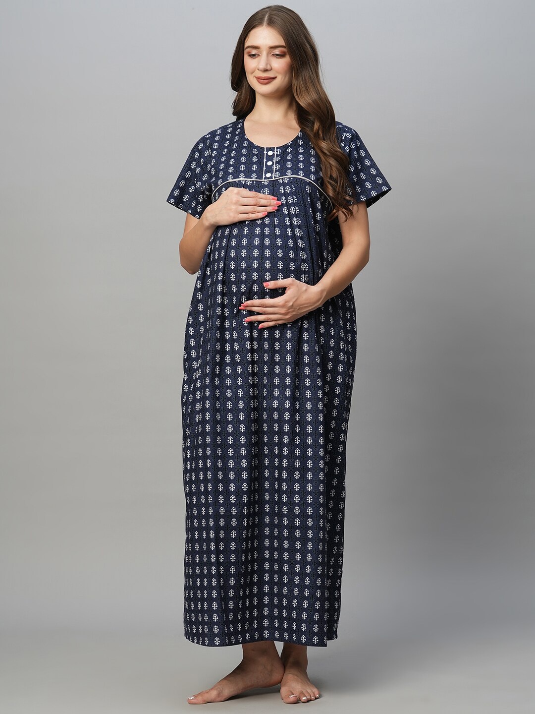 

MomToBe Ethnic Motifs Printed Pure Cotton Maternity Nightdress, Navy blue