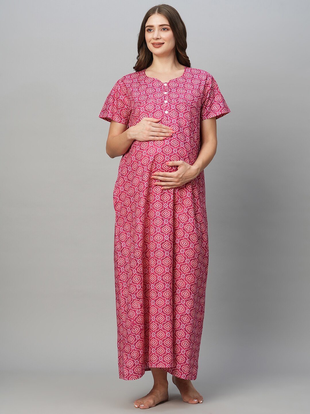 

MomToBe Ethnic Motifs Printed Pure Cotton Maternity Maxi Nightdress, Pink