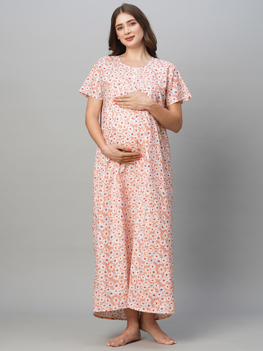 

MomToBe Floral Printed Pure Cotton Maternity Maxi Nightdress, Peach