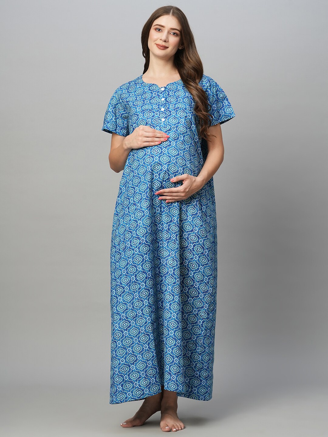 

MomToBe Ethnic Motifs Printed Pure Cotton Maternity Maxi Nightdress, Blue