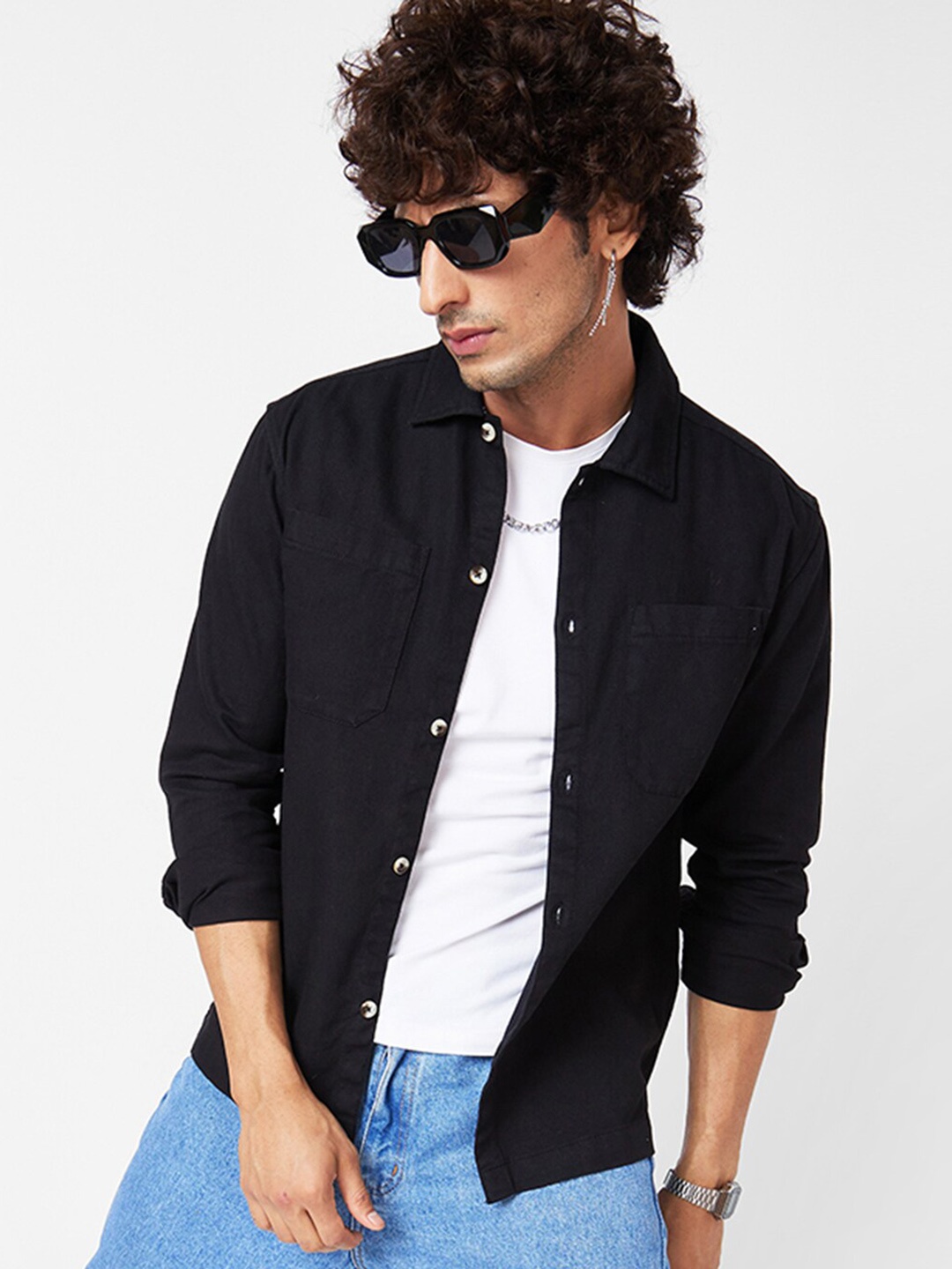 

VASTRADO Men Double Pocket Solid Shirt, Black